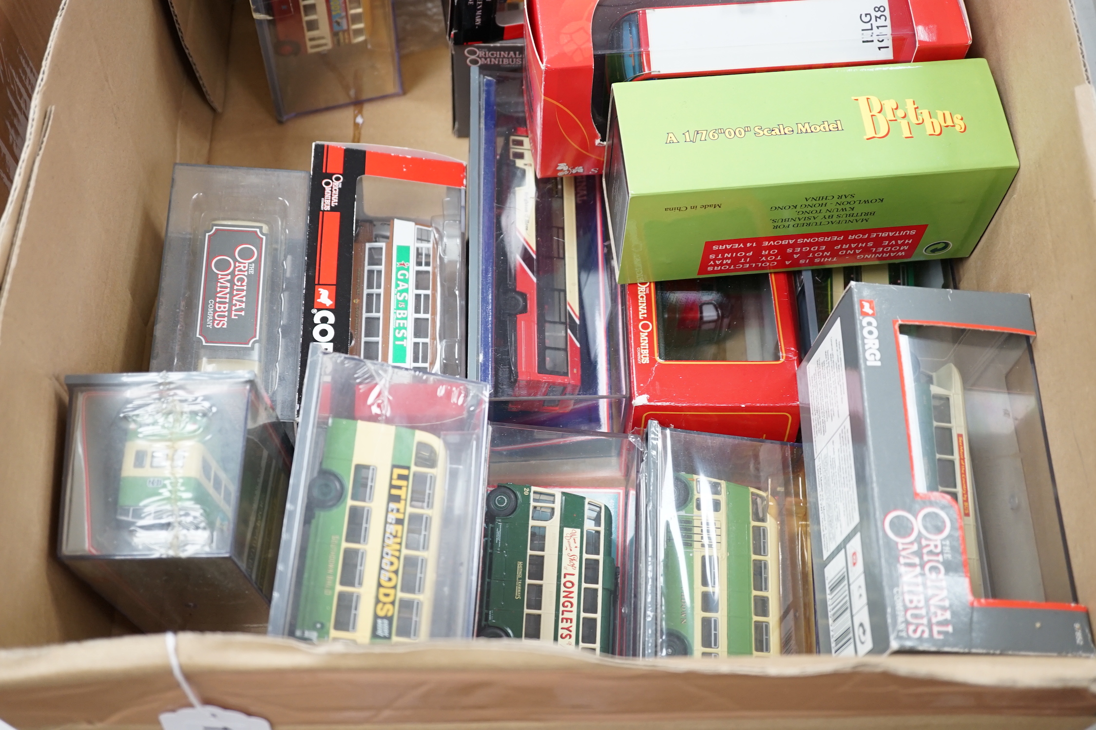 Thirty boxed 1:76 scale buses and coaches by Corgi OOC, Creative Master and Britbus, operators include Brighton & Hove, London Transport, Maidstone & District, East Kent, etc.